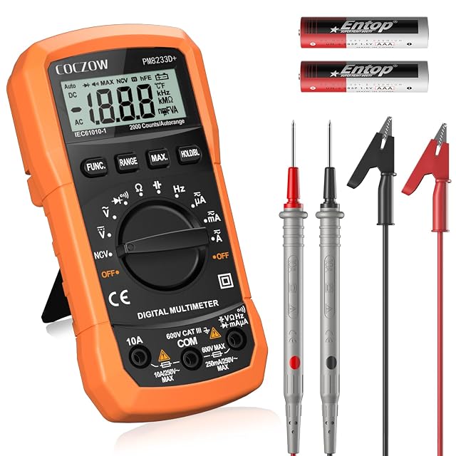 coczow digital multimeter with a backlit display showing a voltage reading