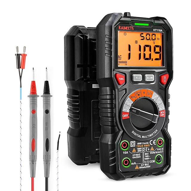 KAIWEETS multimeter with its input jacks illuminated in green beside the selector dial