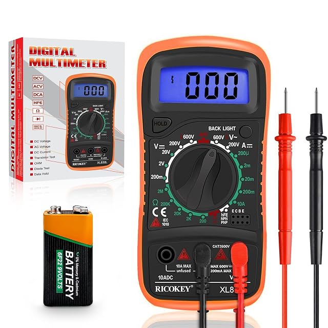 RICOKEY digital multimeter in an orange case, standing on its fold-out support