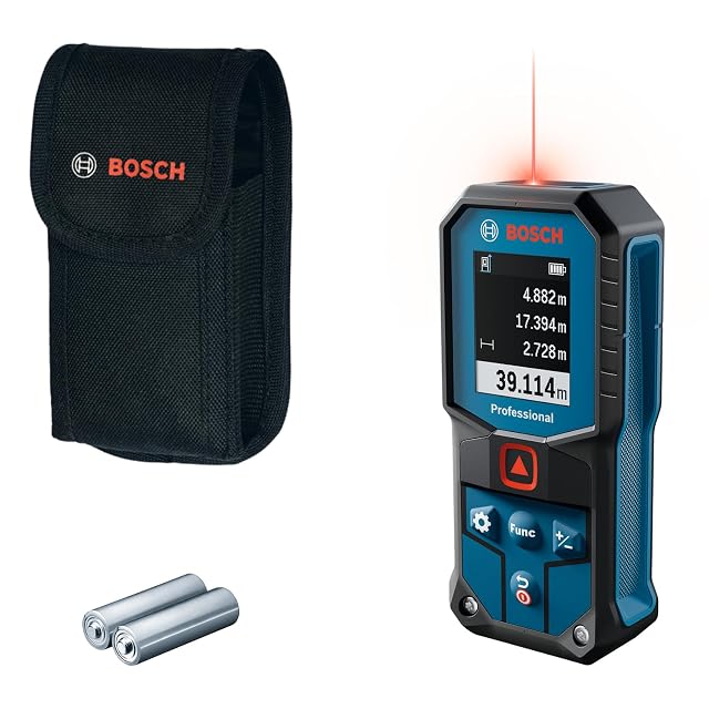 Bosch Professional GLM 40-31 laser distance meter in blue, showing its colour display and rubberised casing