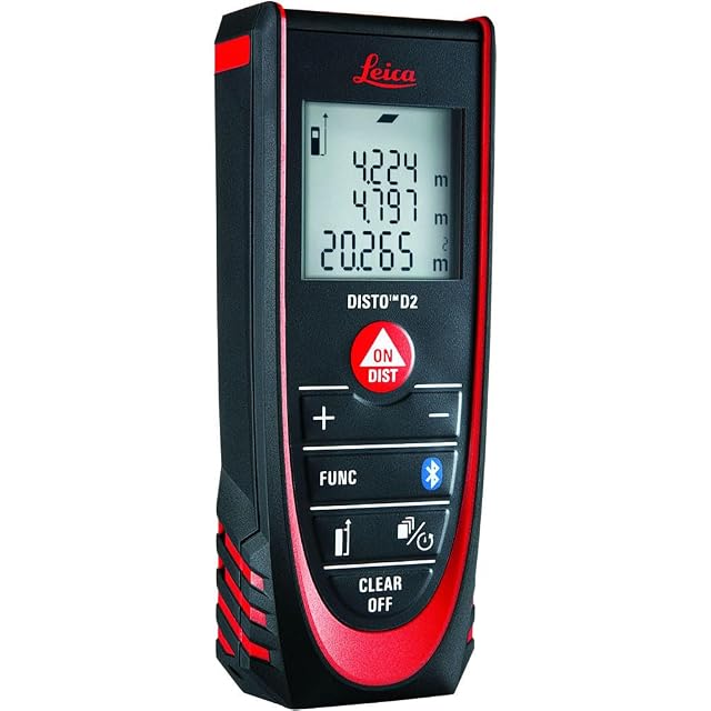 Leica DISTO D2 laser distance meter in red and black, with its fold-out end piece extended