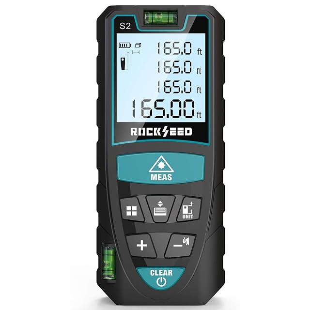 RockSeed S2 laser distance meter held in one hand, showing its backlit LCD and side bubble vial